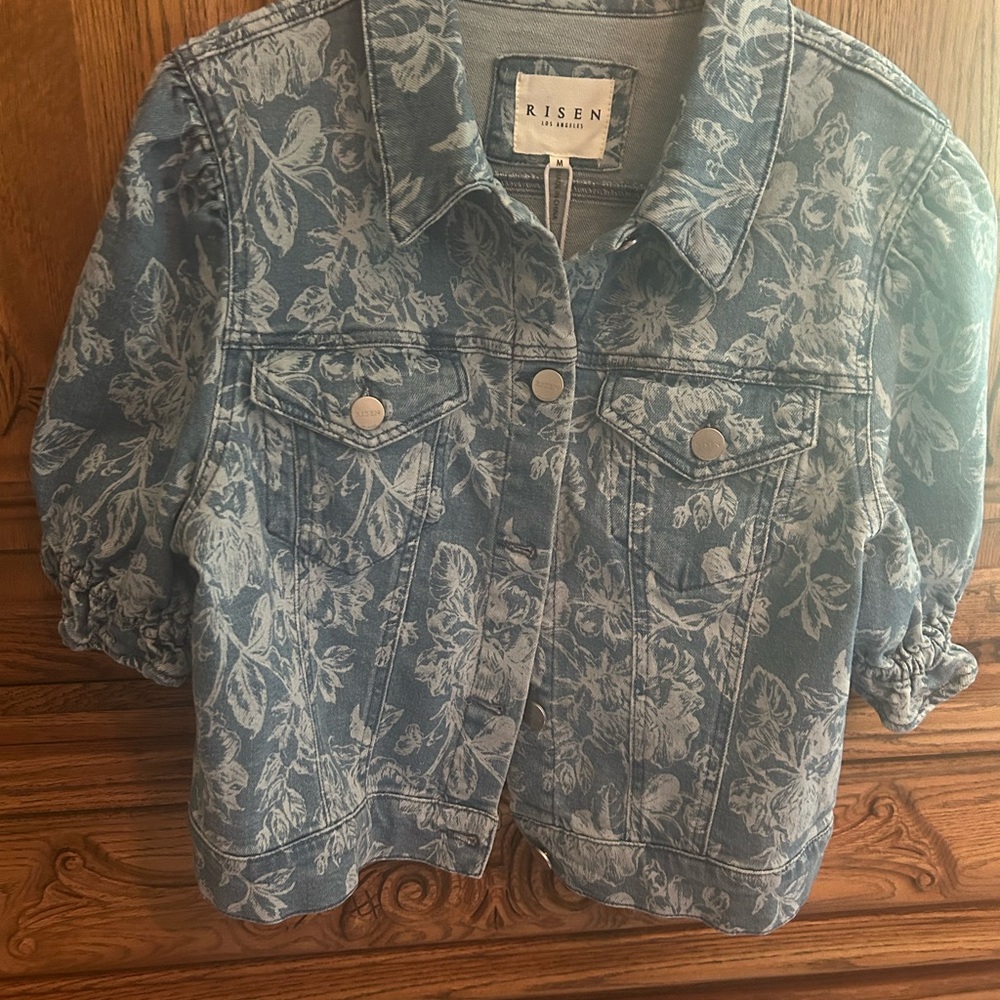 RISEN Floral Print Denim Jacket in Medium and Light Blue